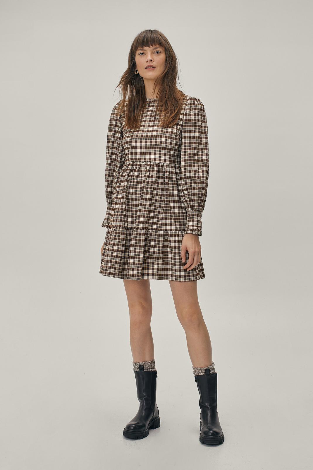 109 Check Tiered Puff Sleeve Mini Dress image number 1