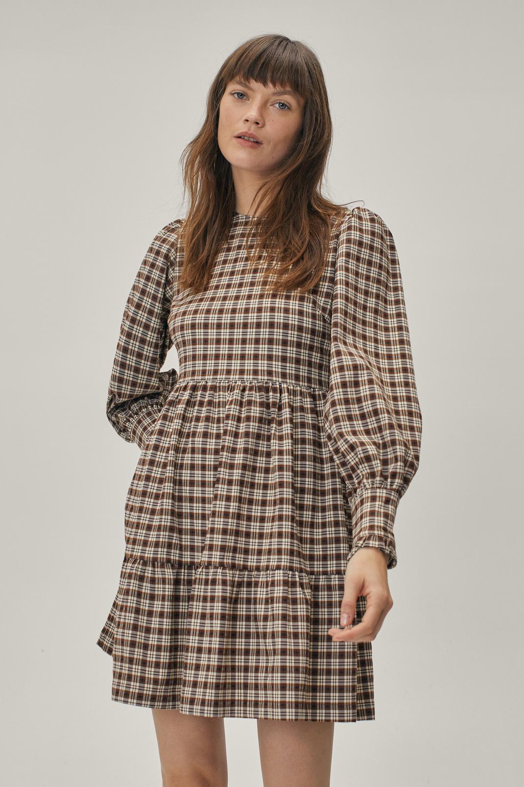 109 Check Tiered Puff Sleeve Mini Dress image number 2