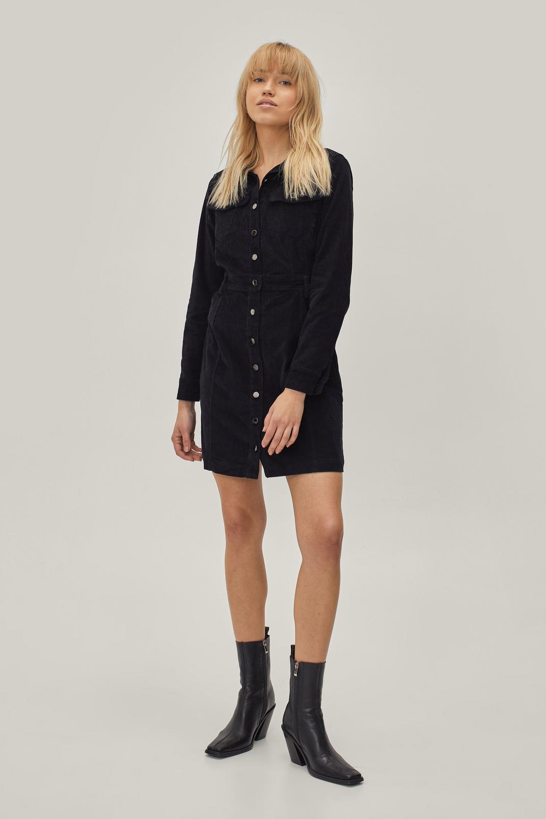Mini robe chemise en velours côtelé à poches, Black image number 1