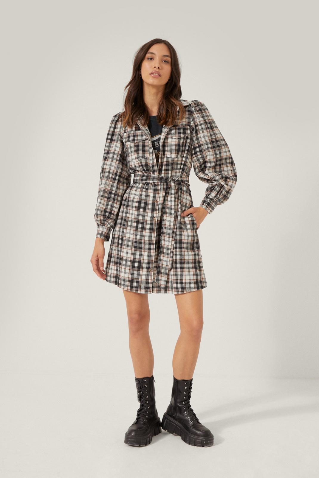 105 Belted Collared Mini Check Shirt Dress image number 2