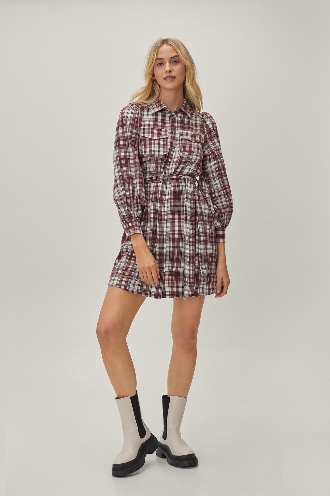 157 Belted Collared Mini Check Shirt Dress image number 2