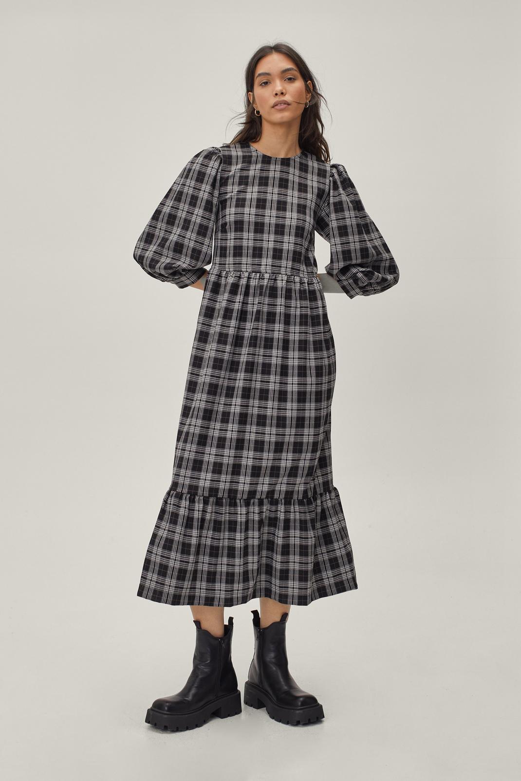 105 Tiered Check Print Puff Sleeve Midi Dress image number 1