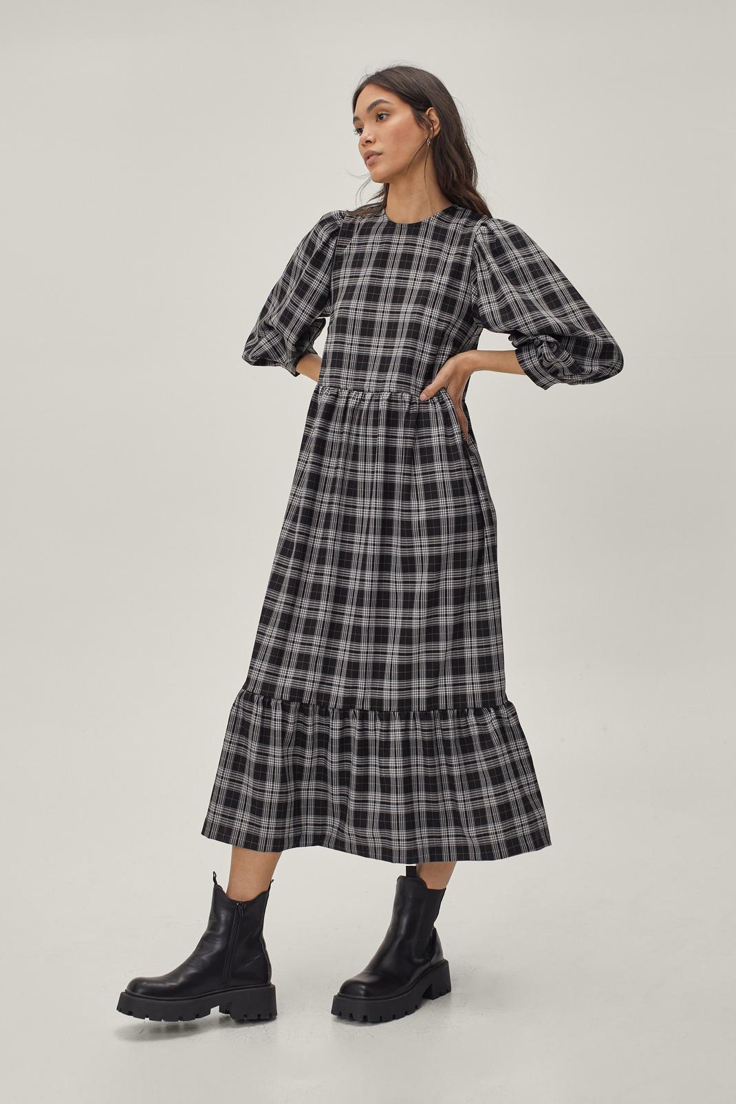 105 Tiered Check Print Puff Sleeve Midi Dress image number 2