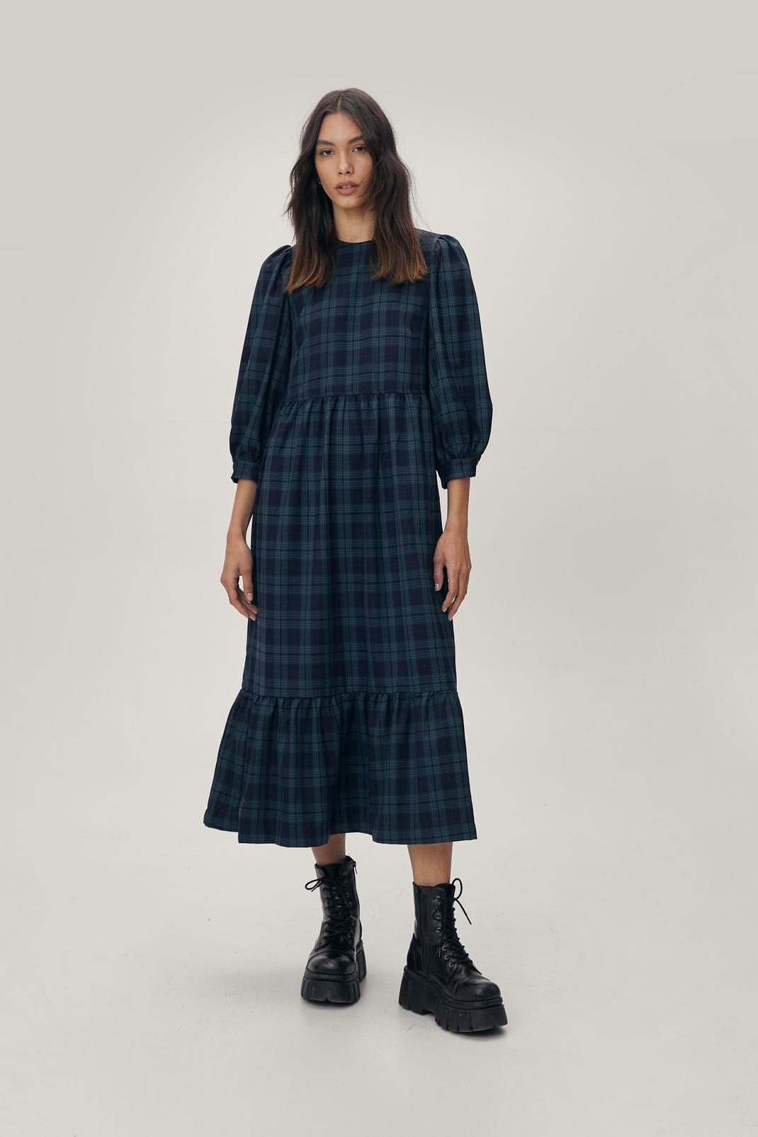 130 Tiered Check Print Puff Sleeve Midi Dress image number 1