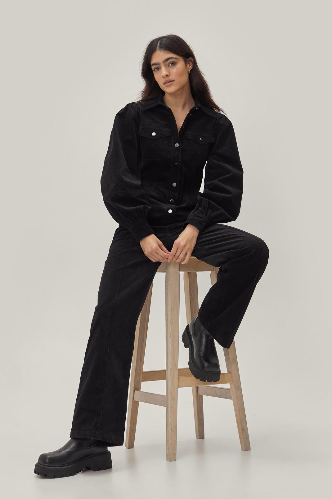 Black Corduroy Puff Sleeve Button Front Boilersuit image number 1