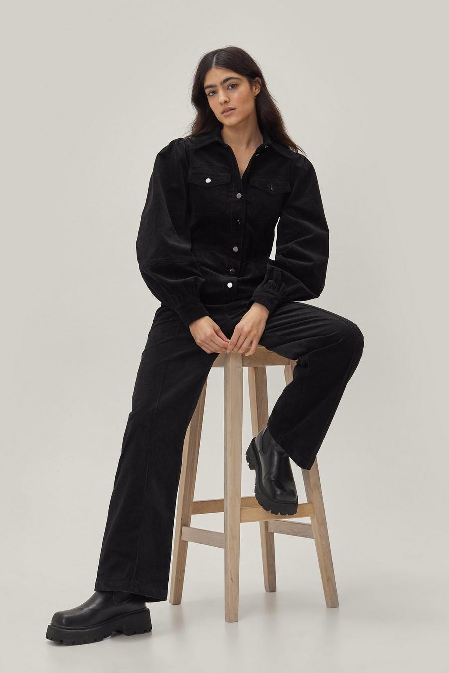 Corduroy Puff Sleeve Button Front Boilersuit