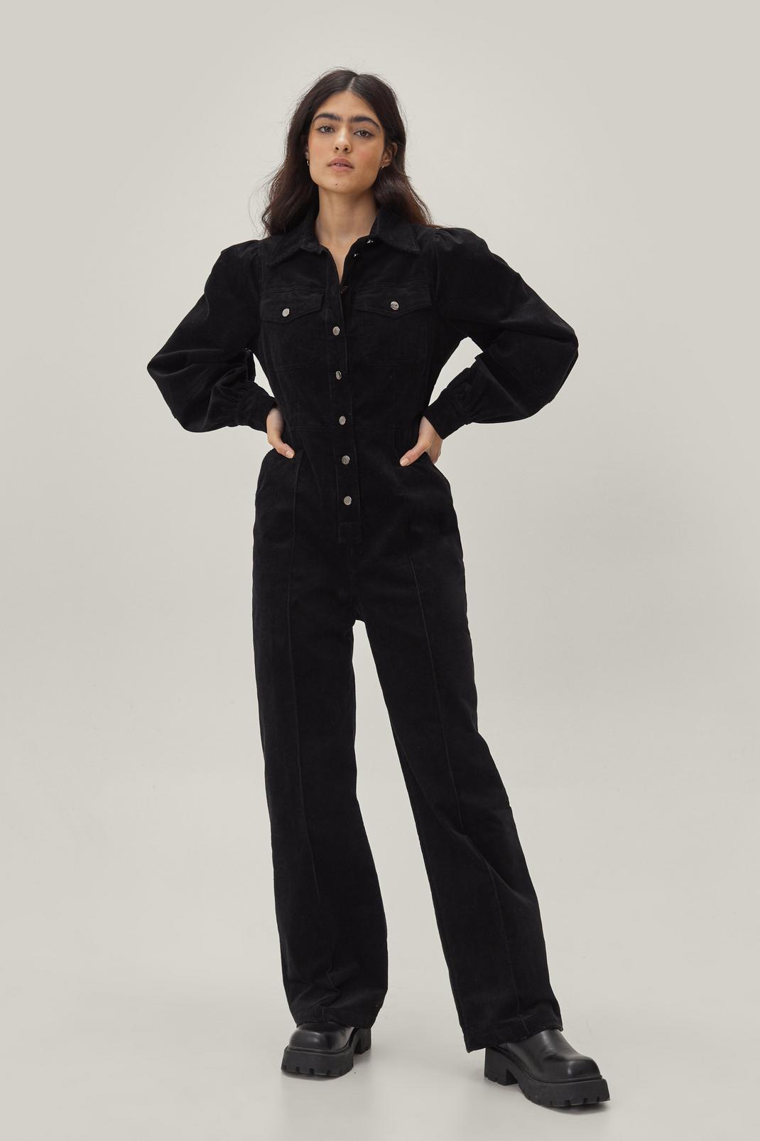 105 Corduroy Puff Sleeve Button Front Boilersuit image number 2