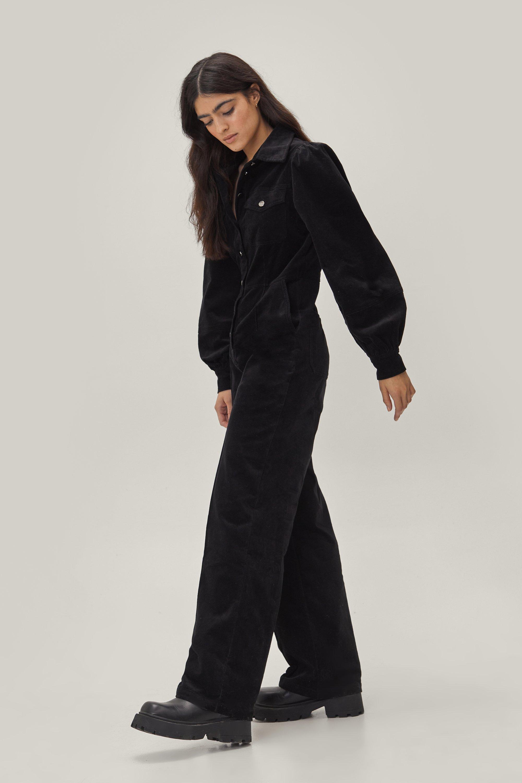 Corduroy Puff Sleeve Button Front Boilersuit