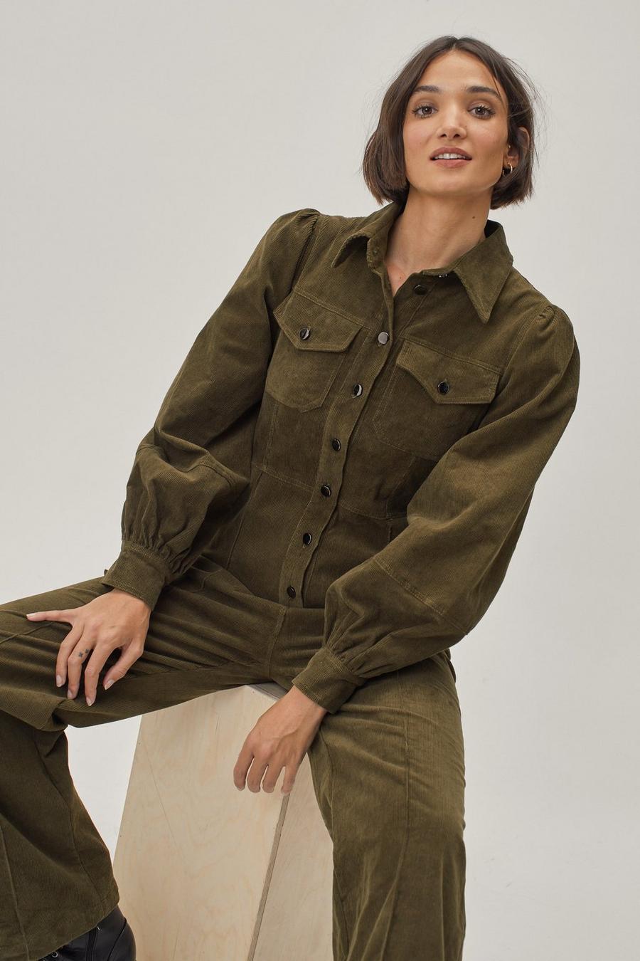 Corduroy Puff Sleeve Button Front Boilersuit