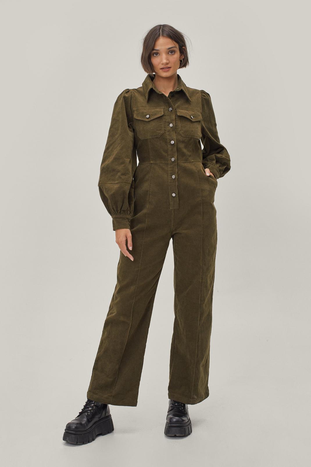 130 Corduroy Puff Sleeve Button Front Boilersuit image number 2