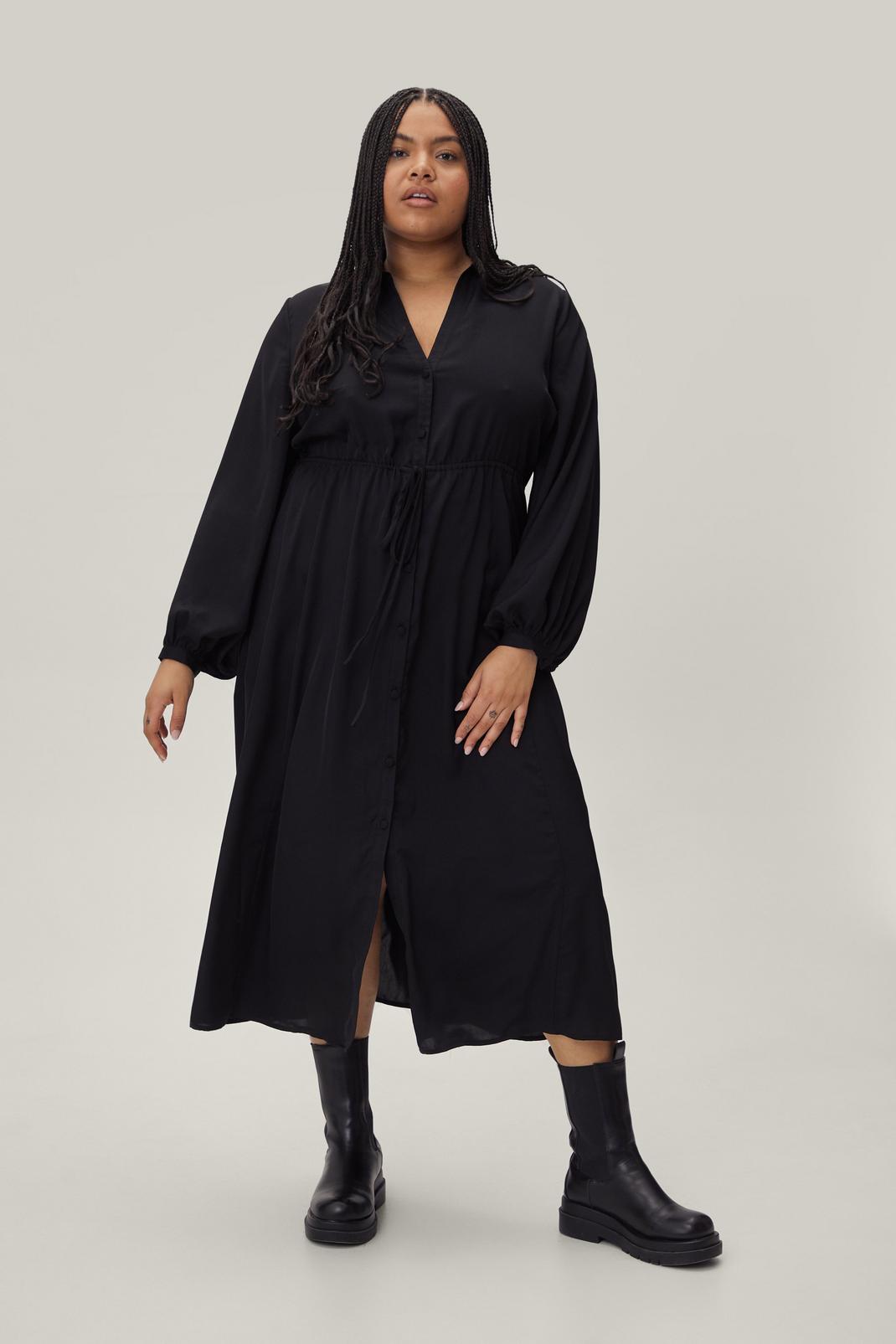 Black Plus Size Drawstring Waist Shirt Midi Dress image number 1