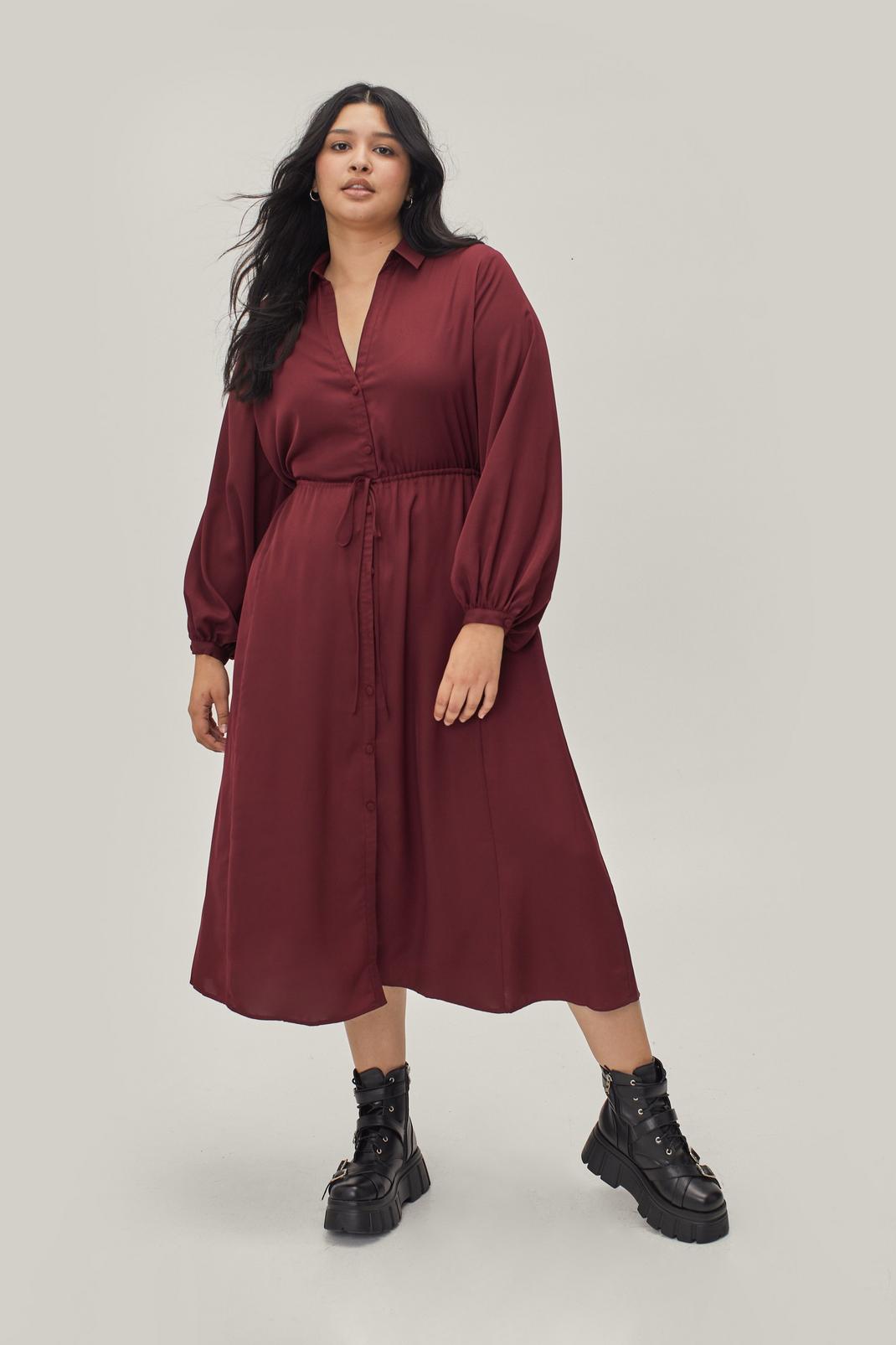 Burgundy Plus Size Drawstring Waist Shirt Midi Dress image number 1