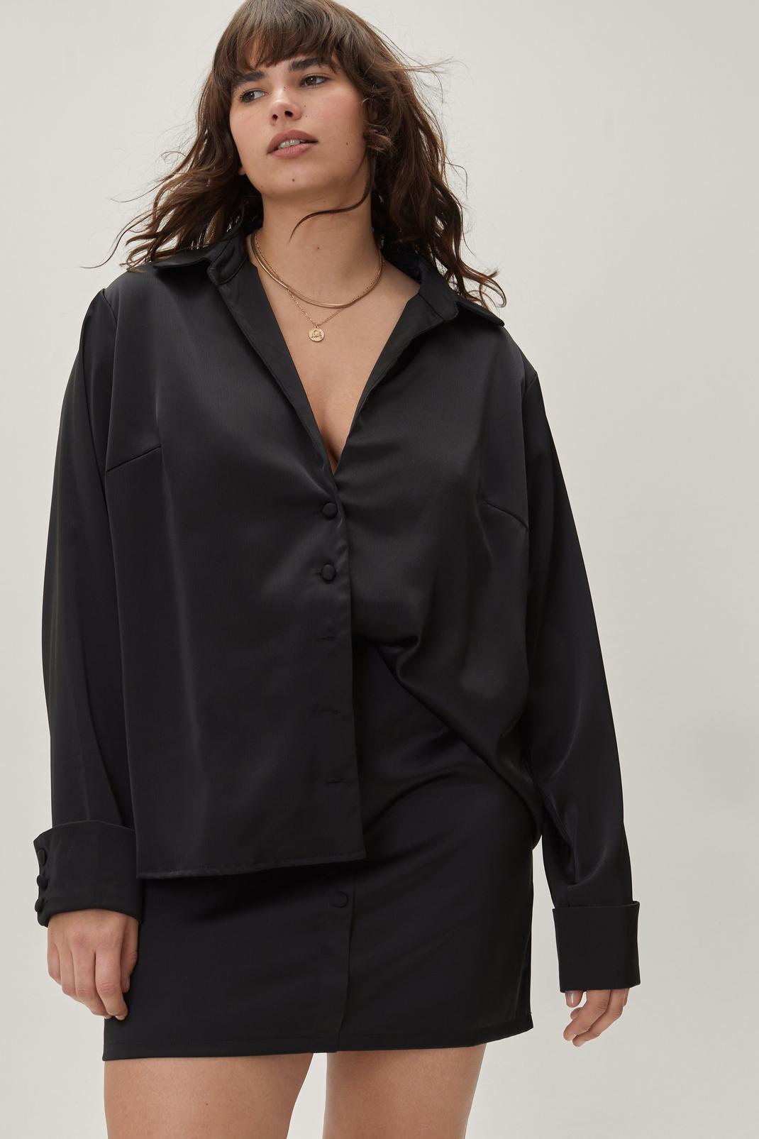 Black Plus Size Cuff Detail Satin Shirt Co-ord image number 1