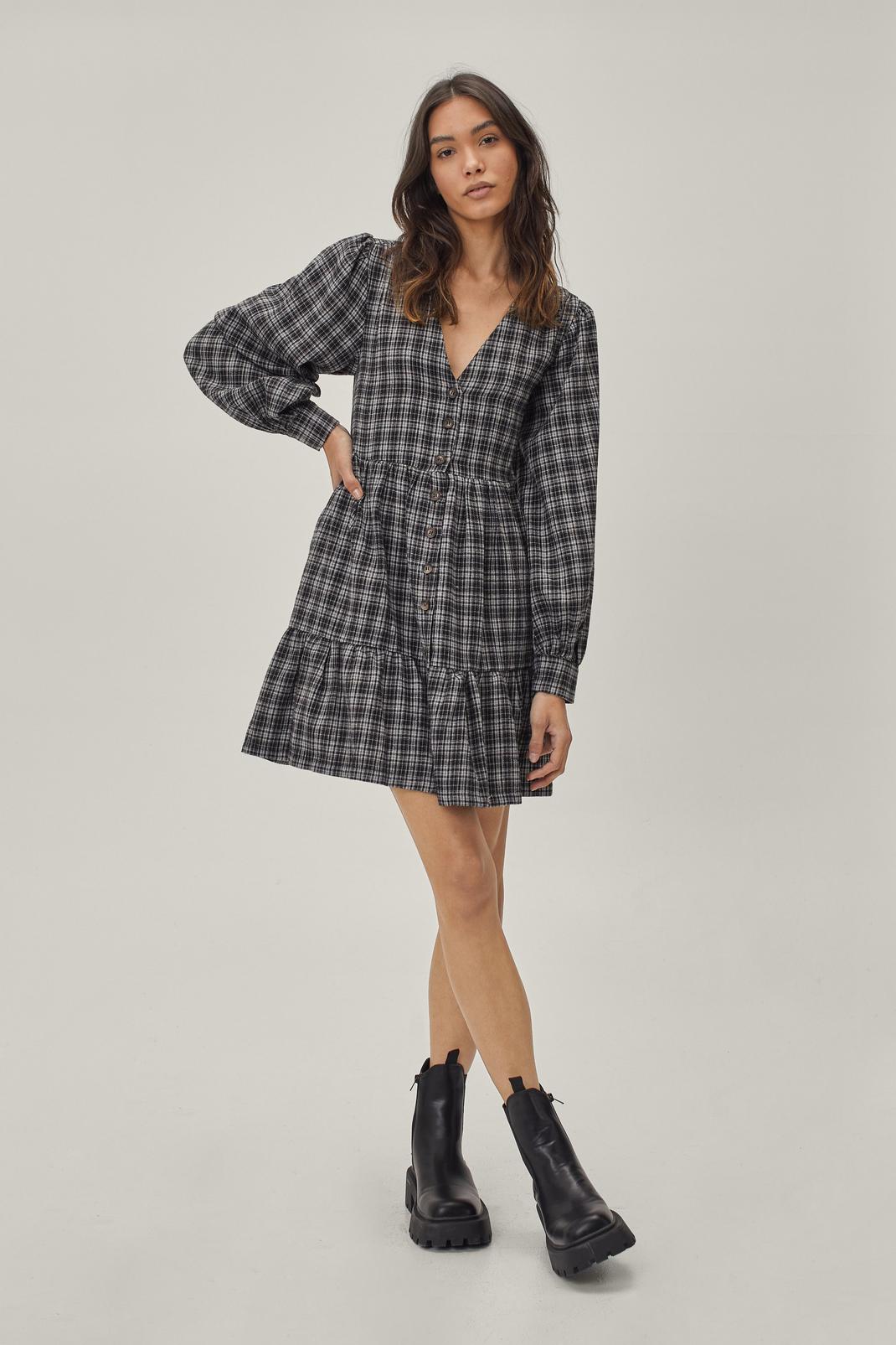 Grey Plaid Button Front Mini Smock Dress image number 1