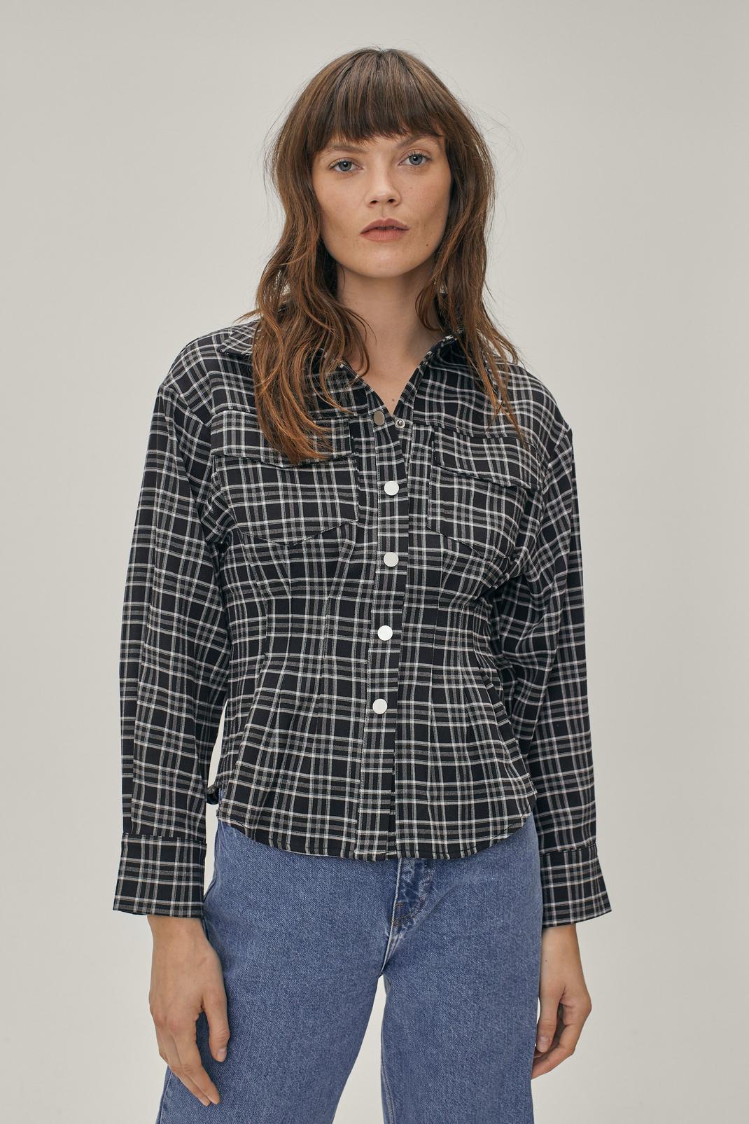 105 Check Print Cinched Waist Button Down Shirt image number 1