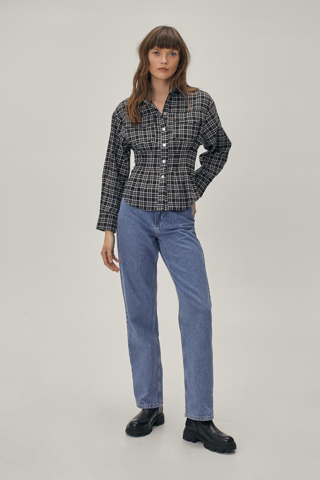 105 Check Print Cinched Waist Button Down Shirt image number 2