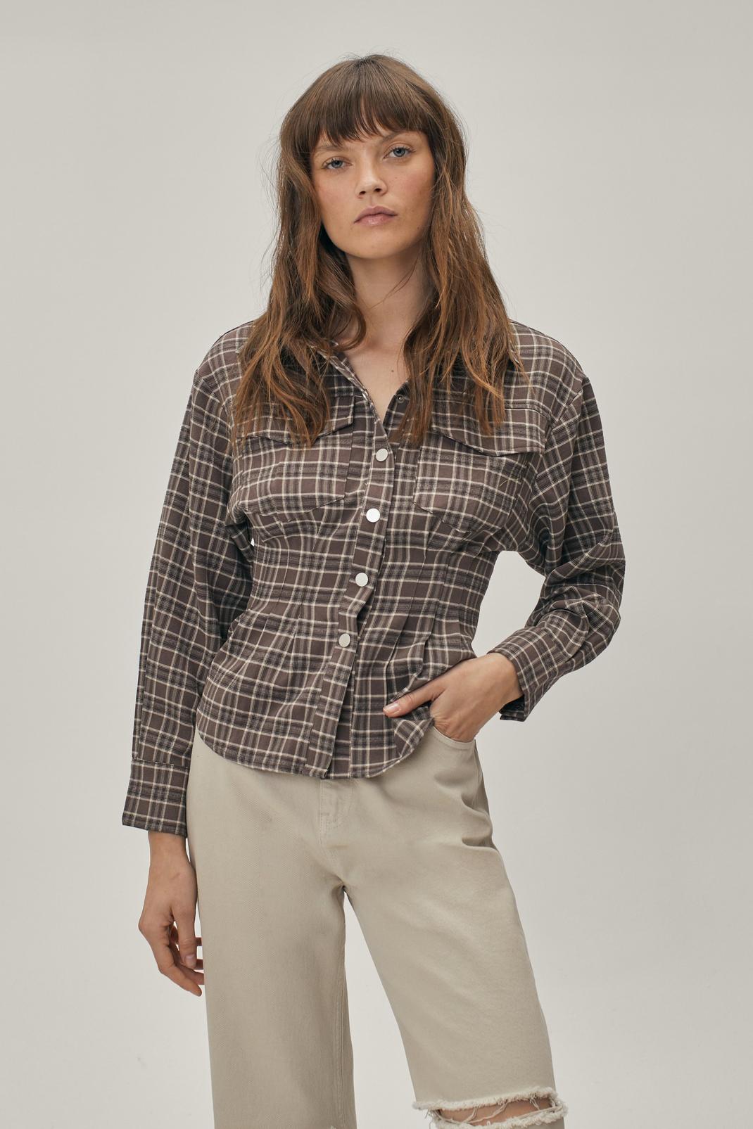 131 Check Print Cinched Waist Button Down Shirt image number 1