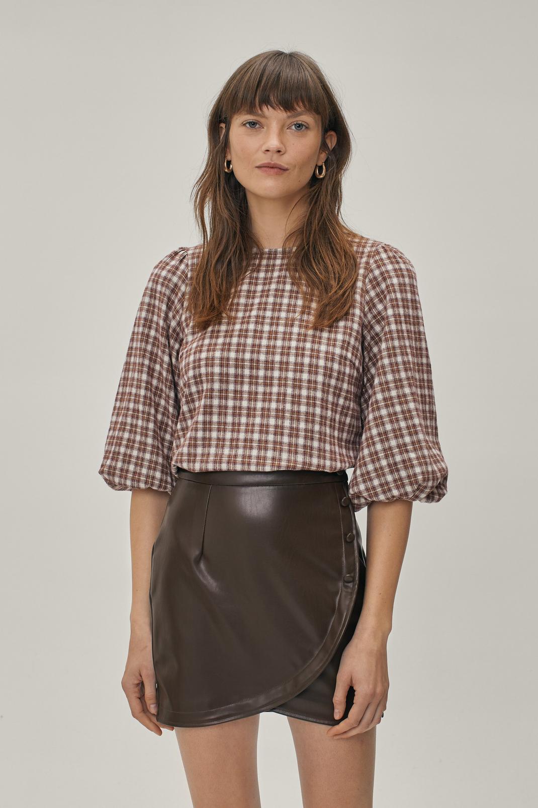 Brown Check Print Puff Sleeve Crew Neck Top image number 1