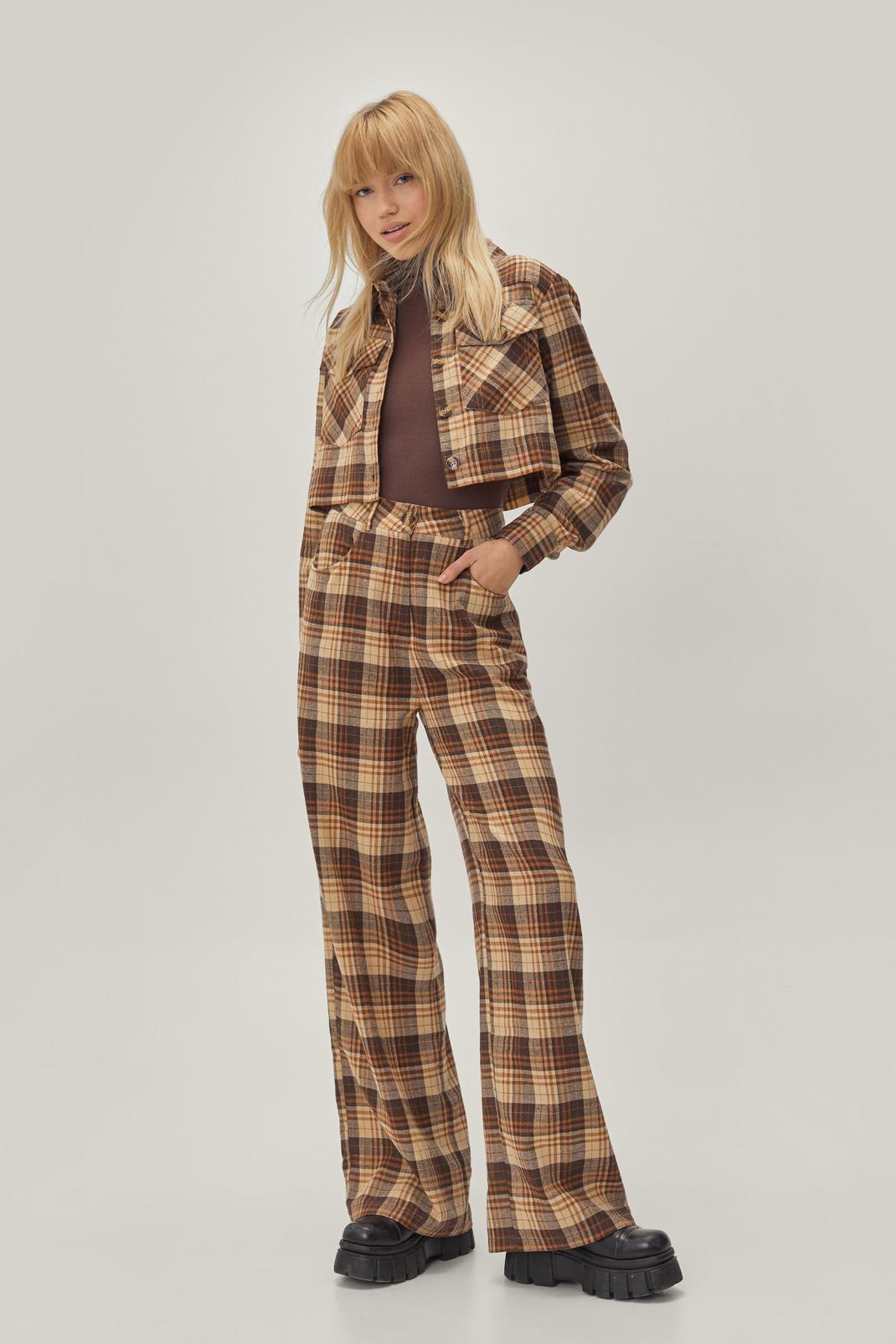 Brown Check Two Piece Set Wide Leg Pants image number 1
