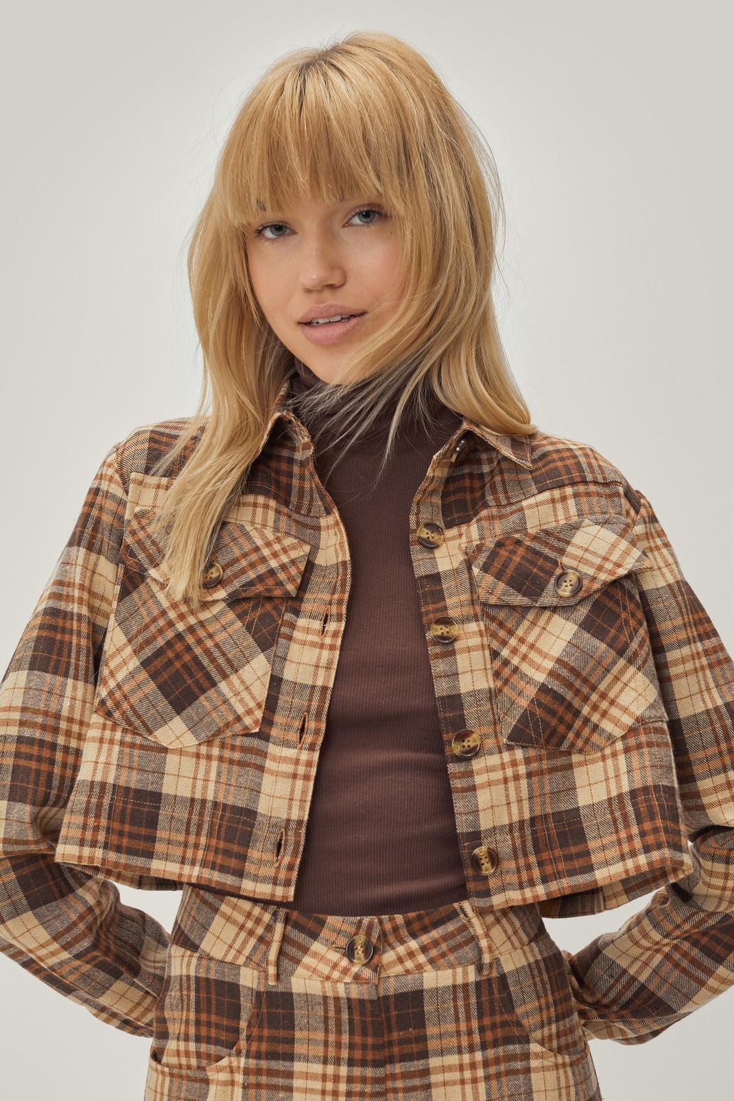 Brown Cropped Check Collared Long Sleeve Shirt image number 1