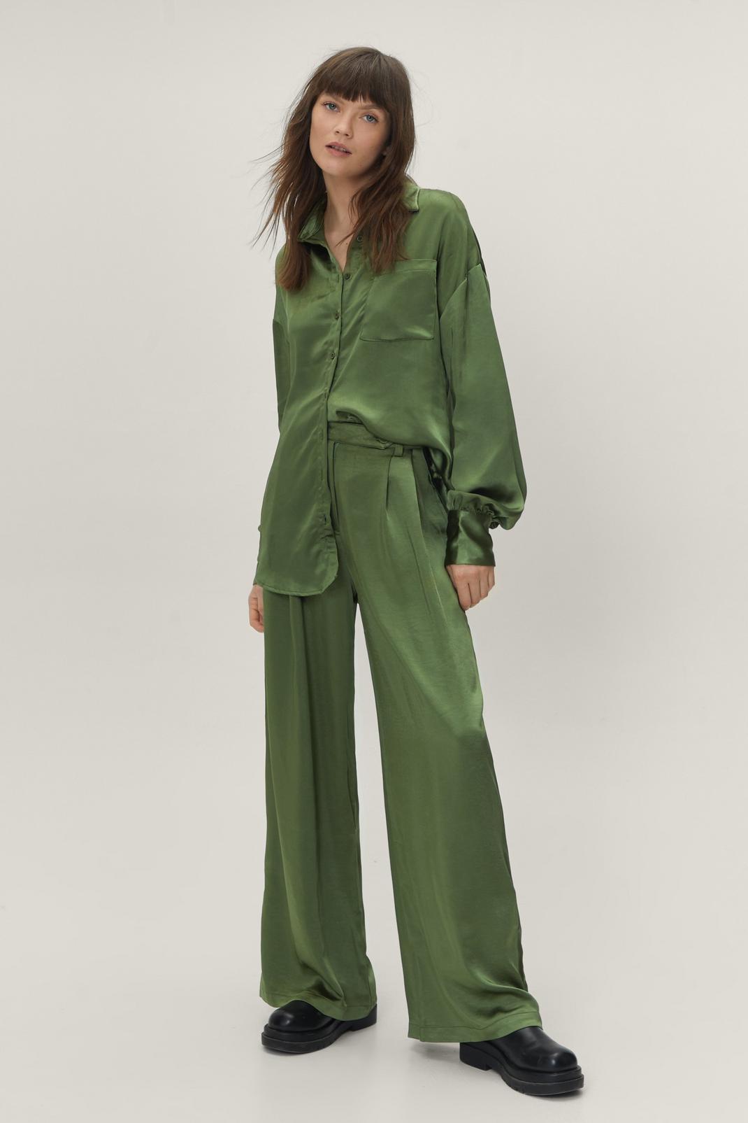 Green Satin Tab Waist Trouser Co Ord image number 1