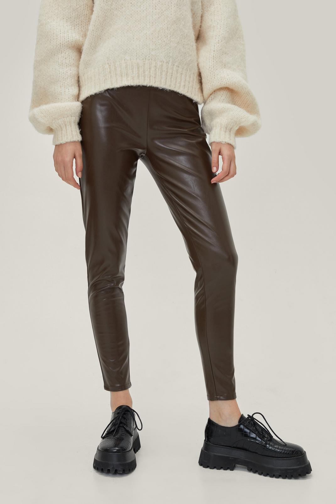 Choc brown Faux Leather Ankle Grazer Leggings image number 1