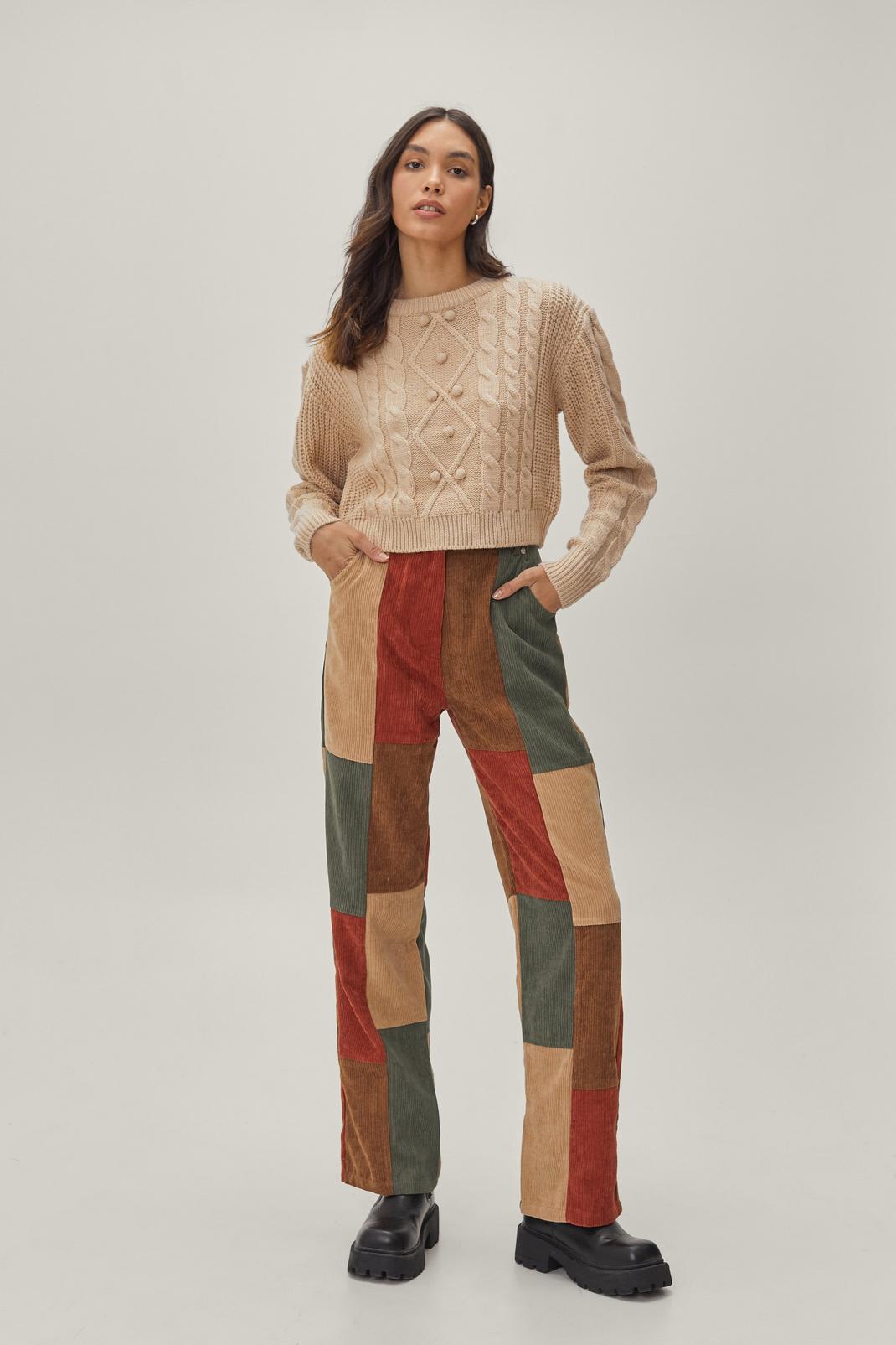 144 Corduroy Patchwork Colorblock High Waisted Pants image number 1