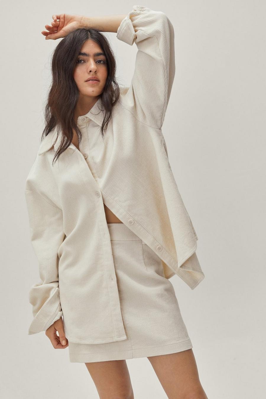 Button Oversized Cord Two Piece Set Shirt