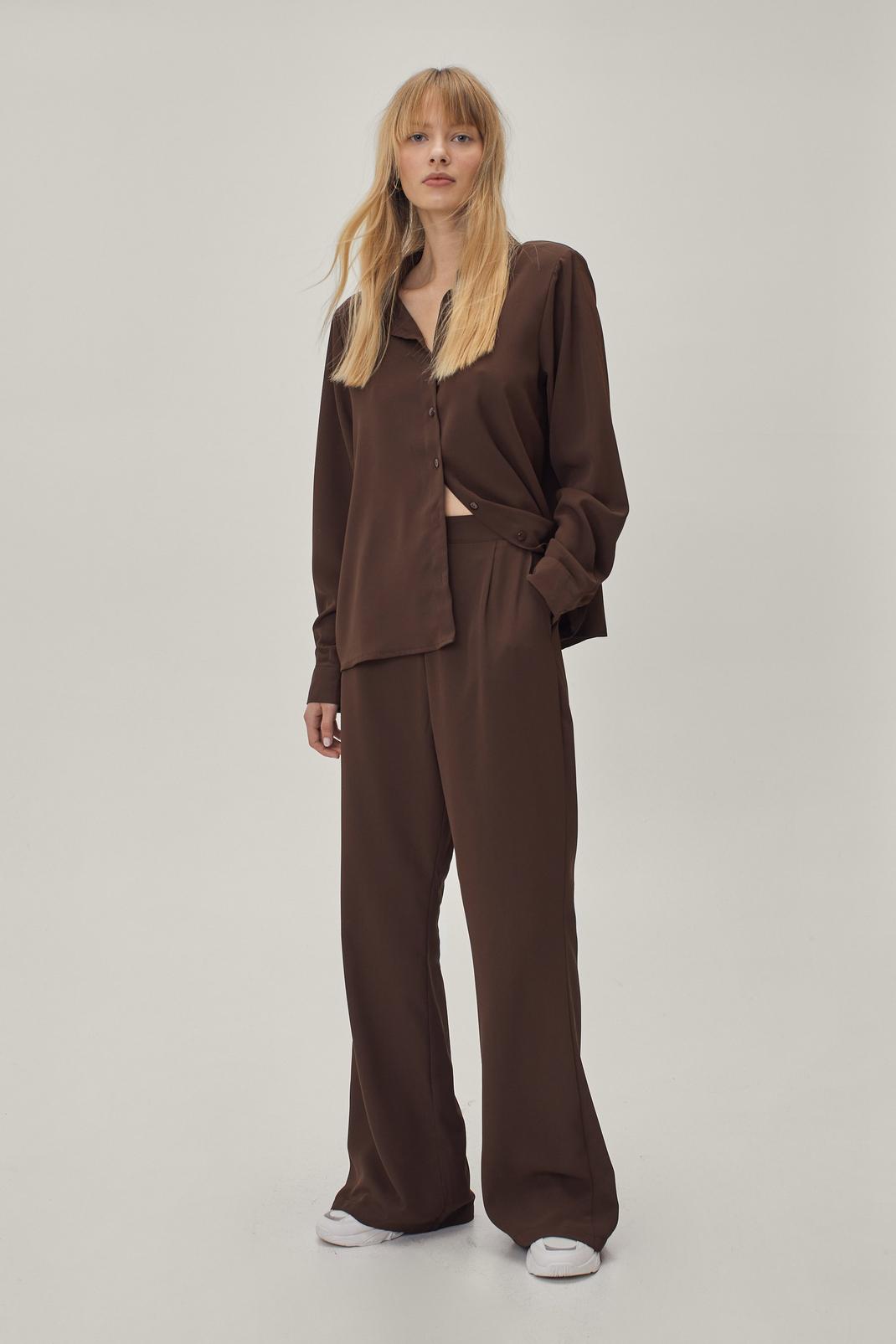 Chocolate Loose Twill Wide Leg High Waisted Pants image number 1
