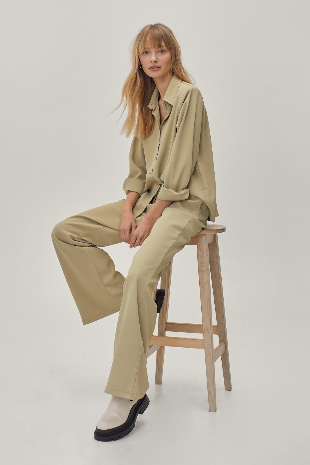 Olive Loose Twill Wide Leg High Waisted Pants image number 1