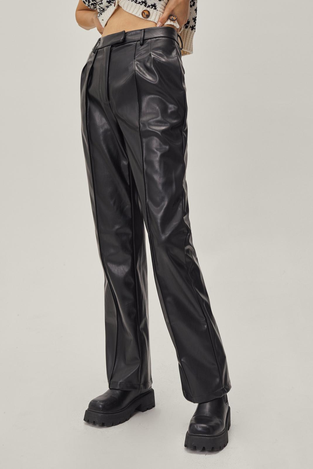 Black Faux Leather Straight Leg Pleated Trousers image number 1