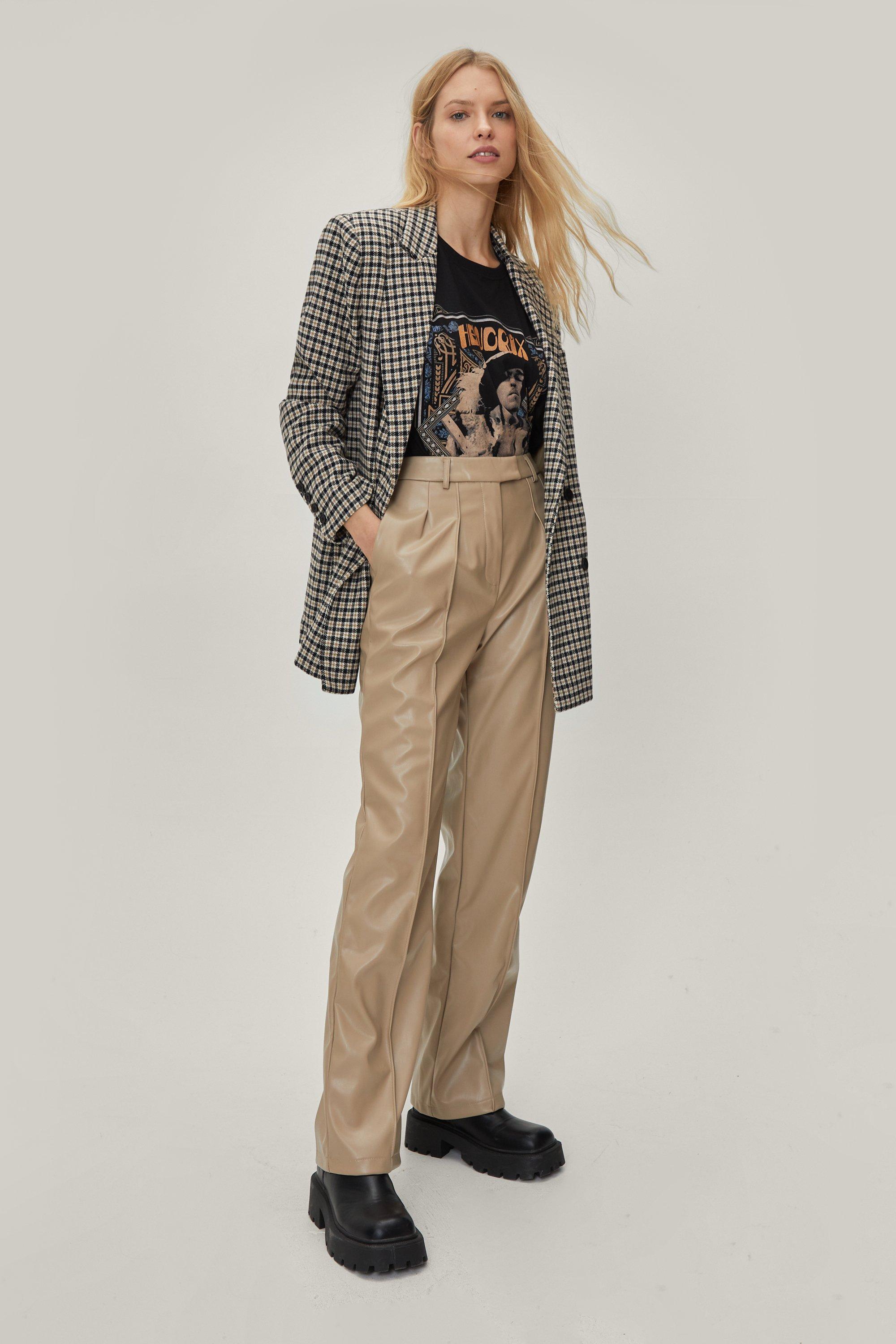 Beige Pleated Straight Leg PU Leather Trousers