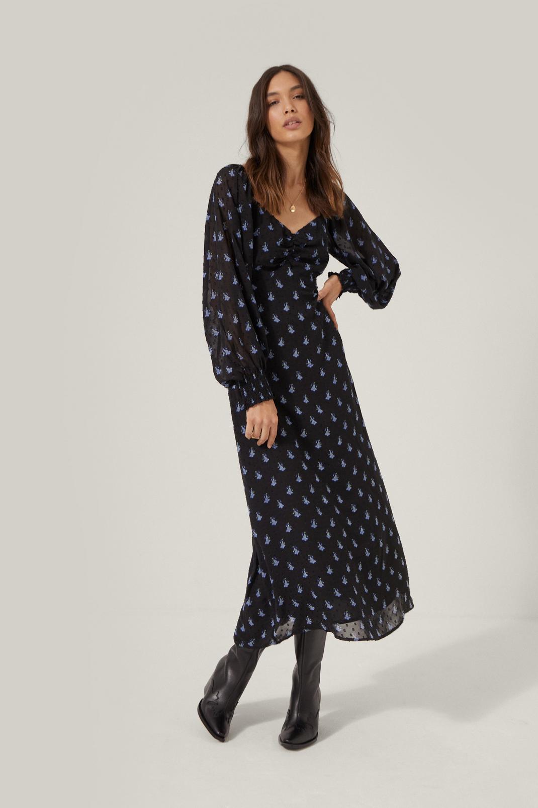 106 Ruched Front Blouson Sleeve Printed Midi Dress image number 2
