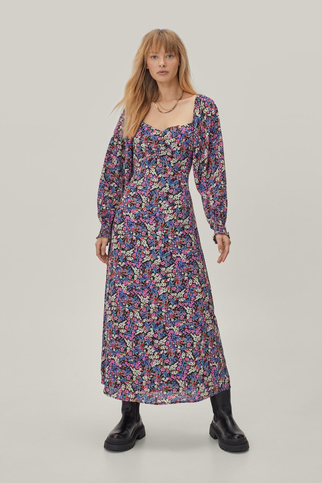 Multi Ruched Front Blouson Sleeve Printed Midi Dress image number 1