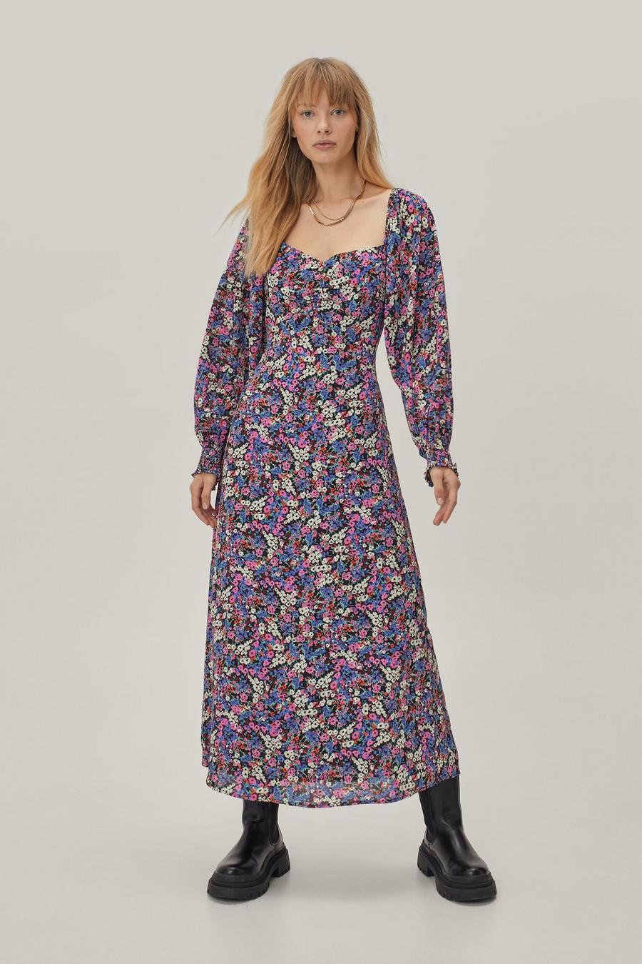 Ruched Front Blouson Sleeve Printed Midi Dress