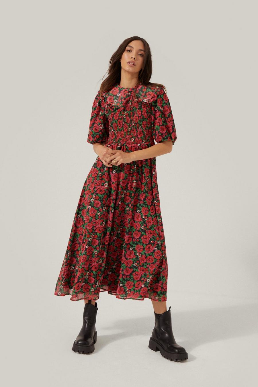 Floral Print Peter Pan Collar Shirred Midi Dress