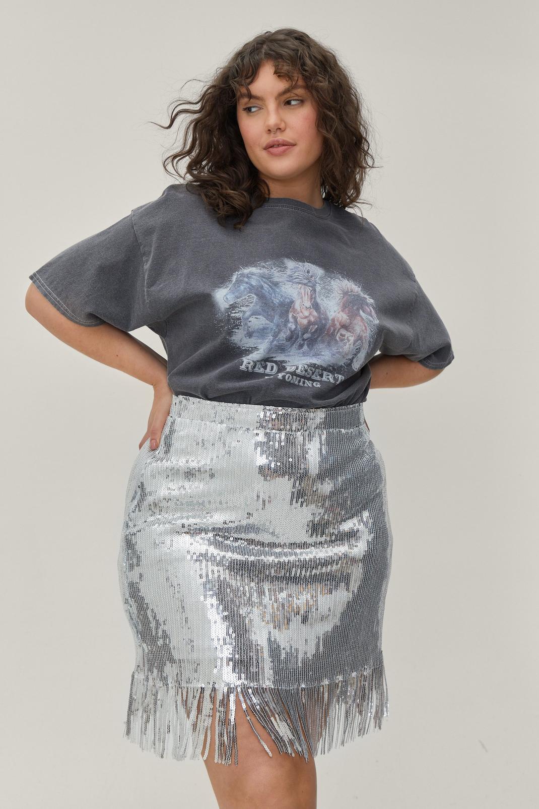 Silver Plus Size Sequin Fringe Mini Skirt image number 1