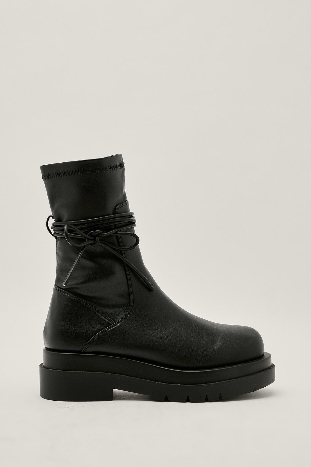 Faux Leather Tapered Ankle Tie Boots, Black image number 1