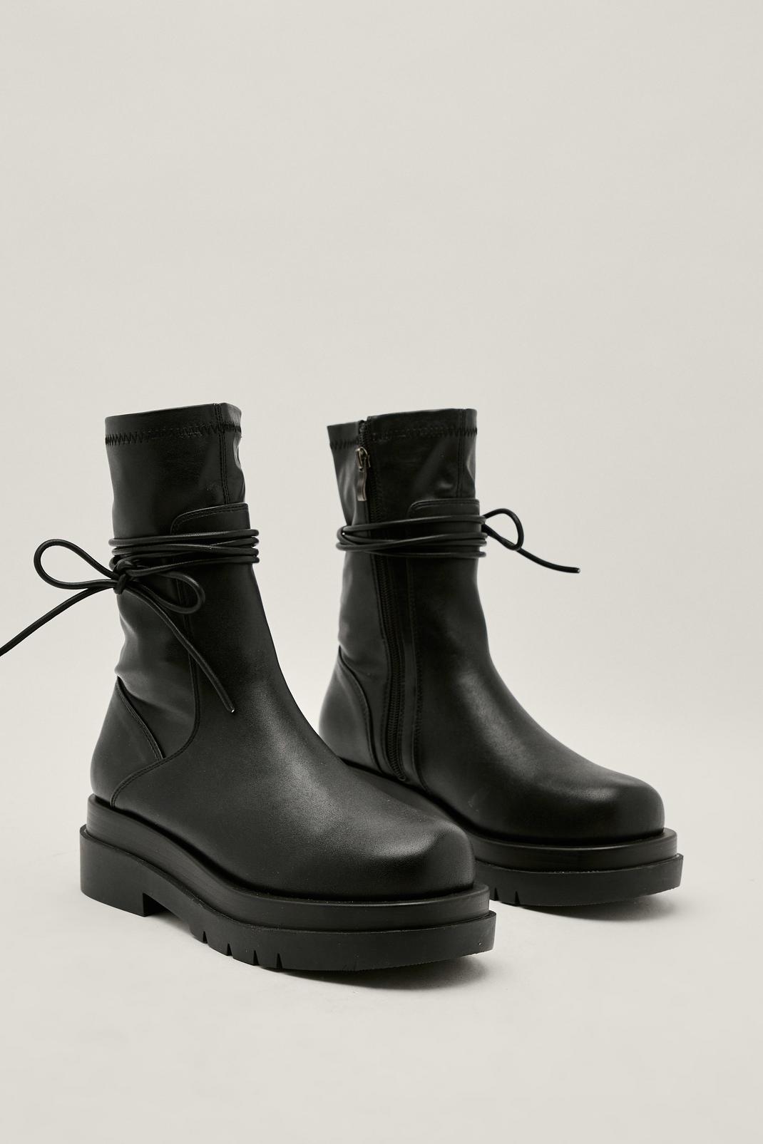 105 Faux Leather Tapered Ankle Tie Boots image number 2