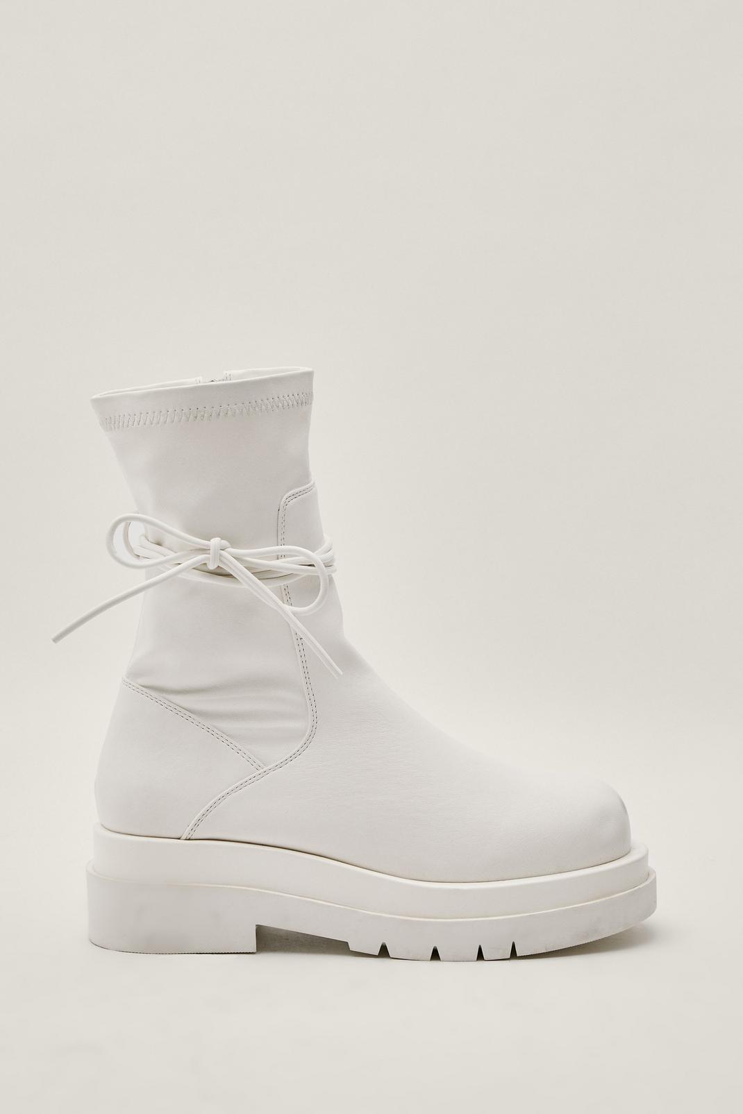White Faux Leather Ankle Tie Sock Boot image number 1