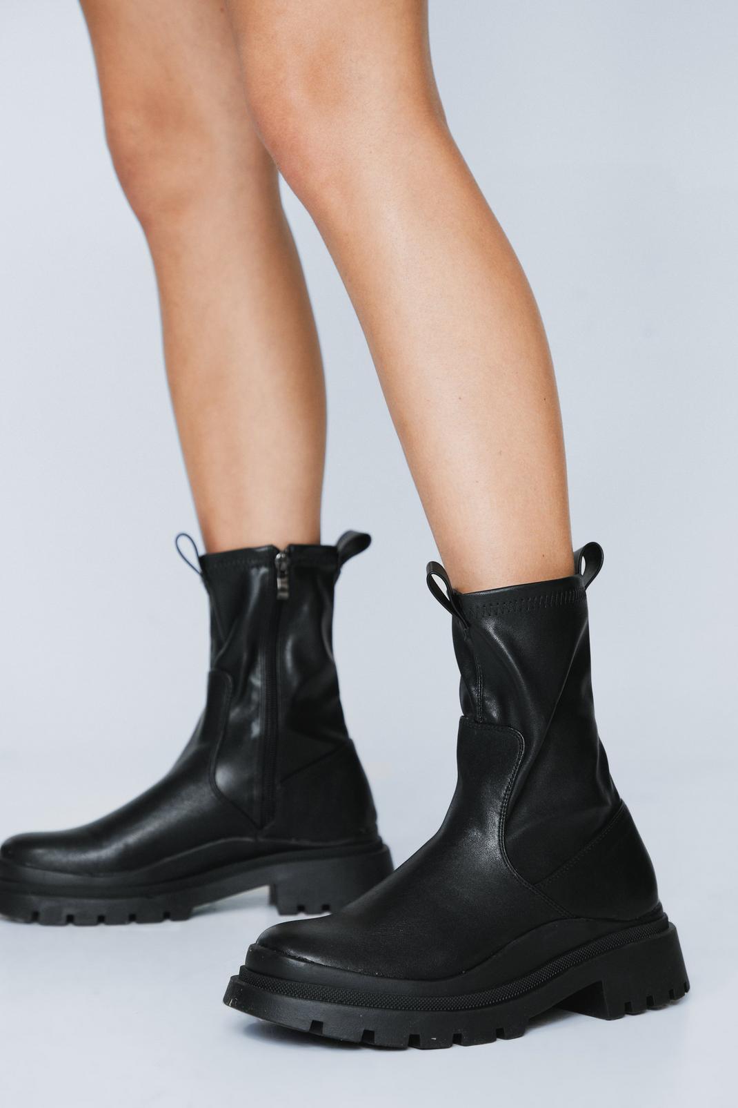 Black Chunky Faux Leather Ankle Sock Boots image number 1