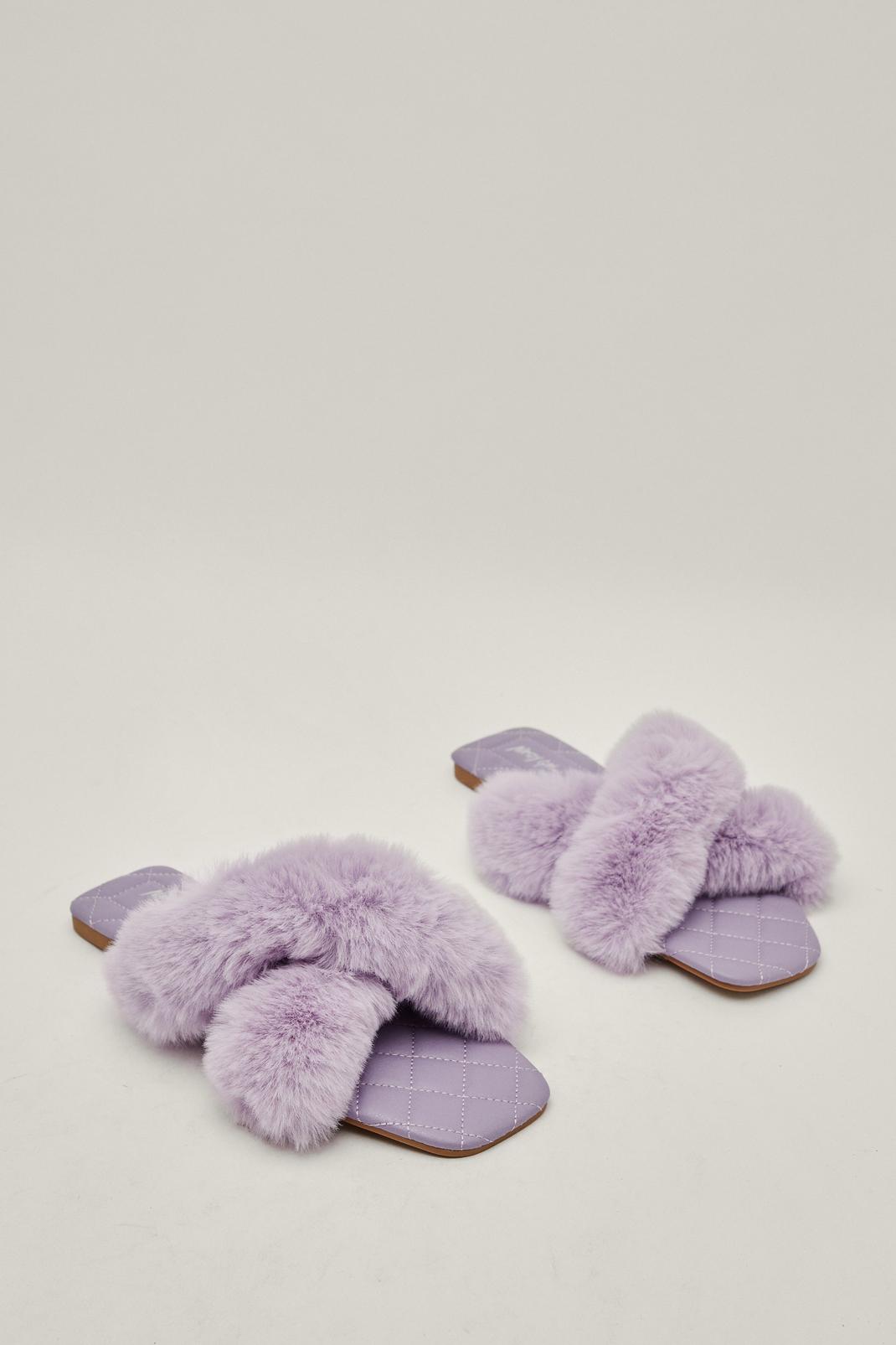 Lilac Faux Fur Quilted Square Toe Slippers image number 1