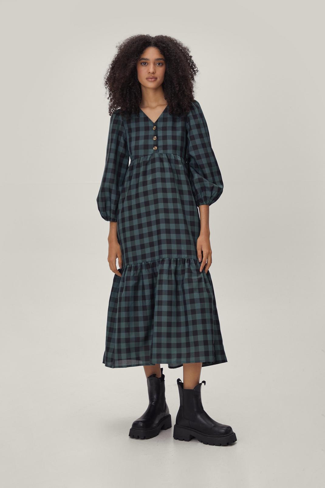 Green Check Tiered Midi Dress image number 1