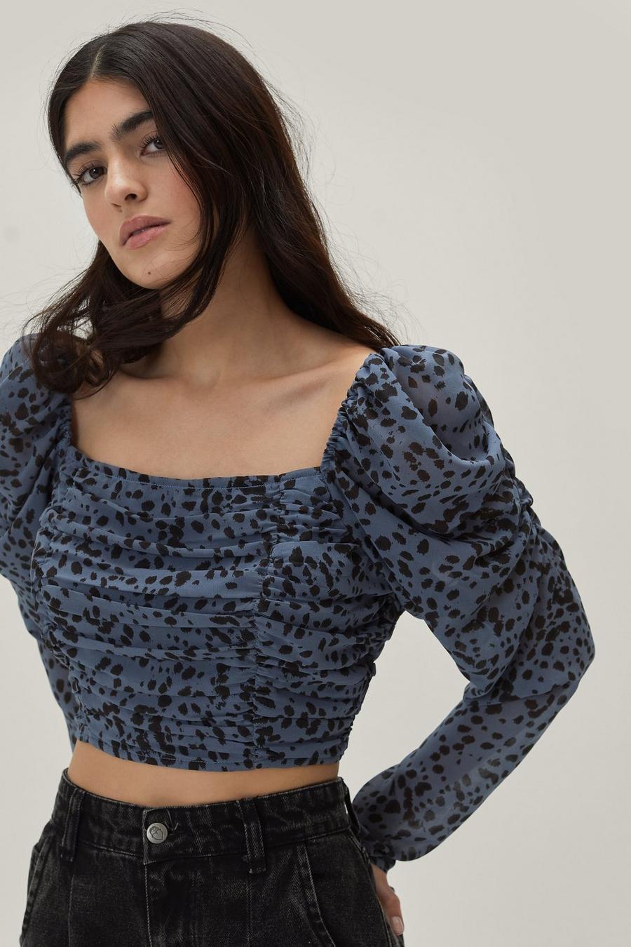 Animal Print Ruched Long Sleeve Top