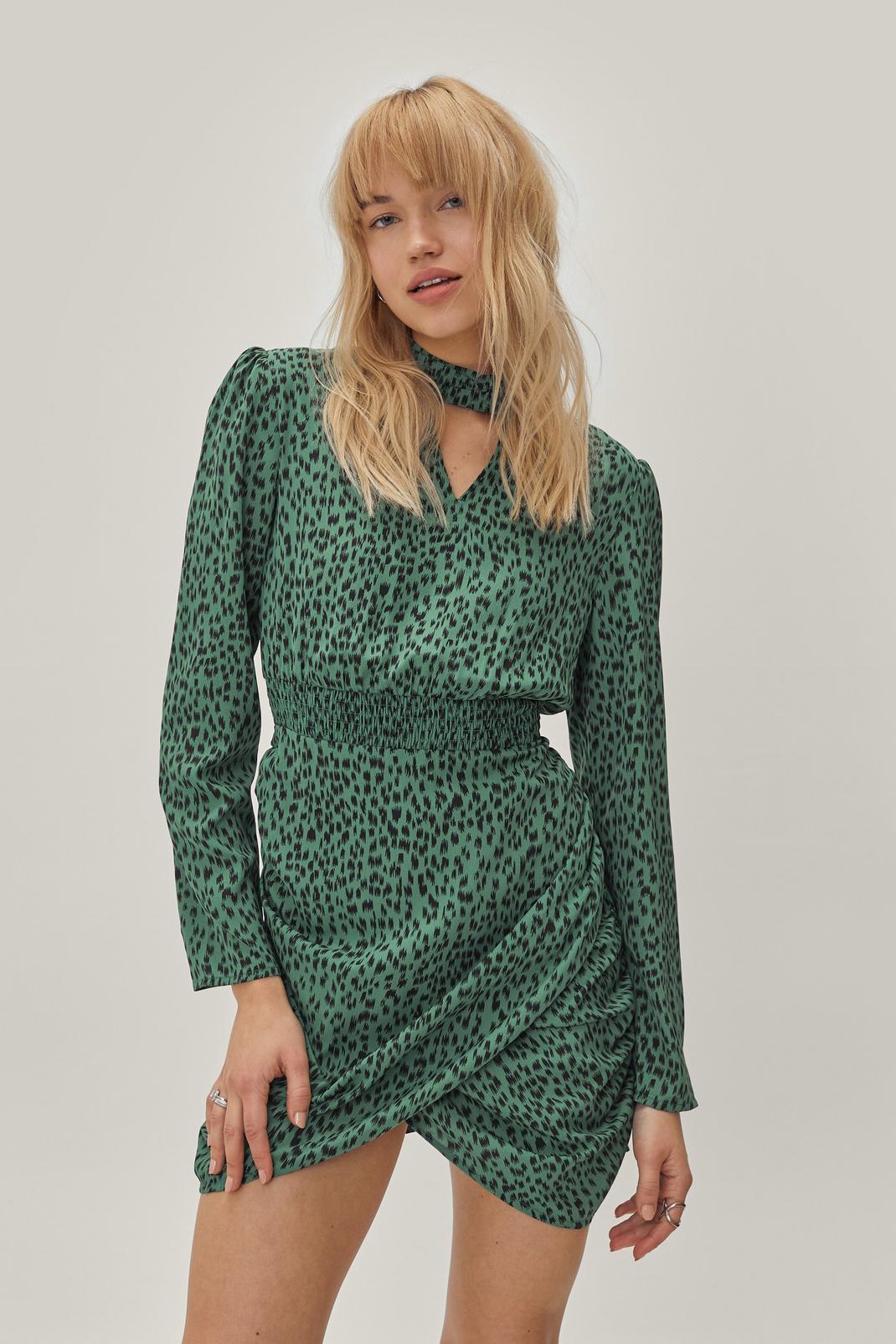 Green Ruched Skirt Choker Detail Mini Dress image number 1