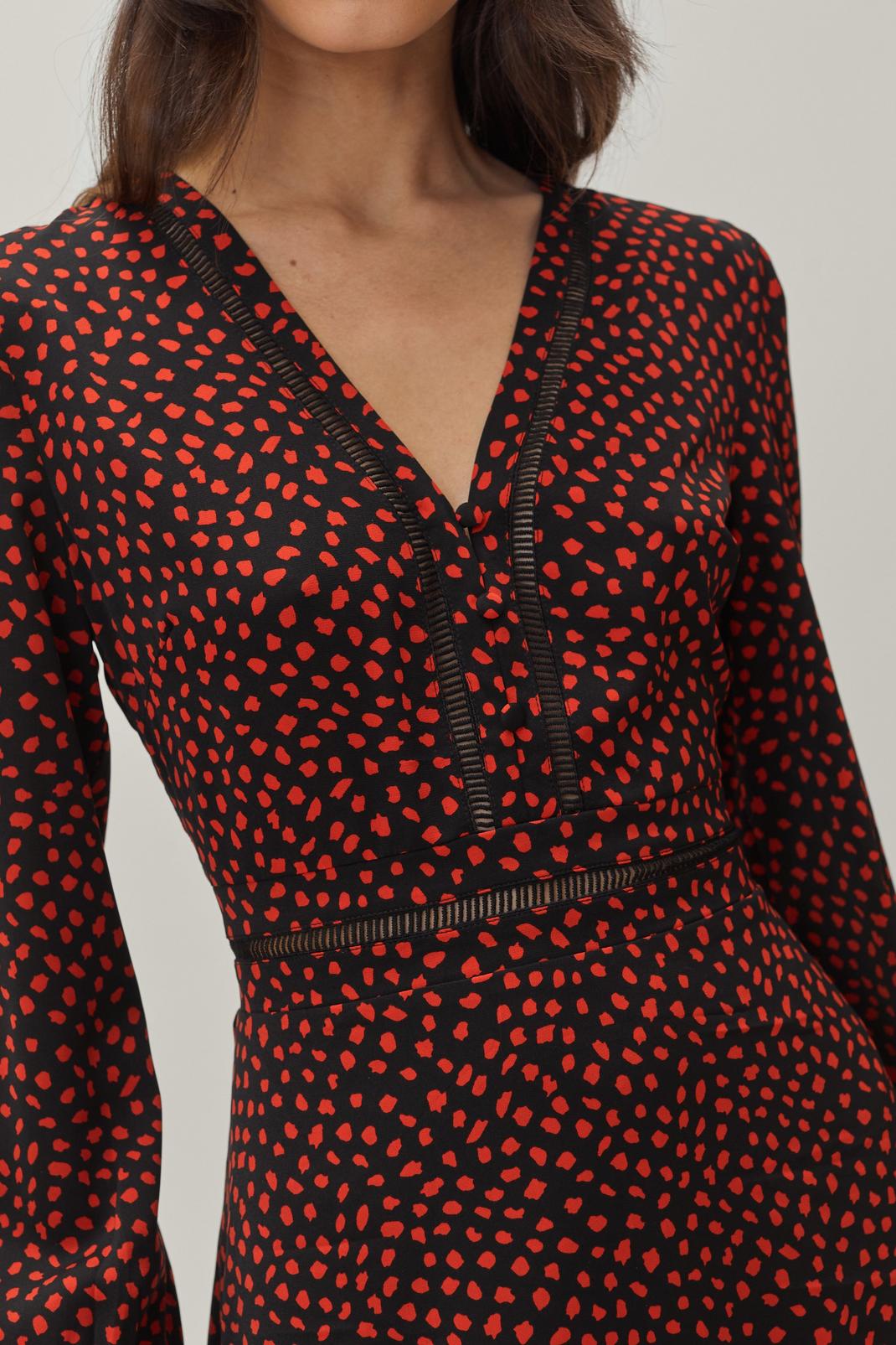 Red Ditsy Print Long Sleeve Dress image number 1