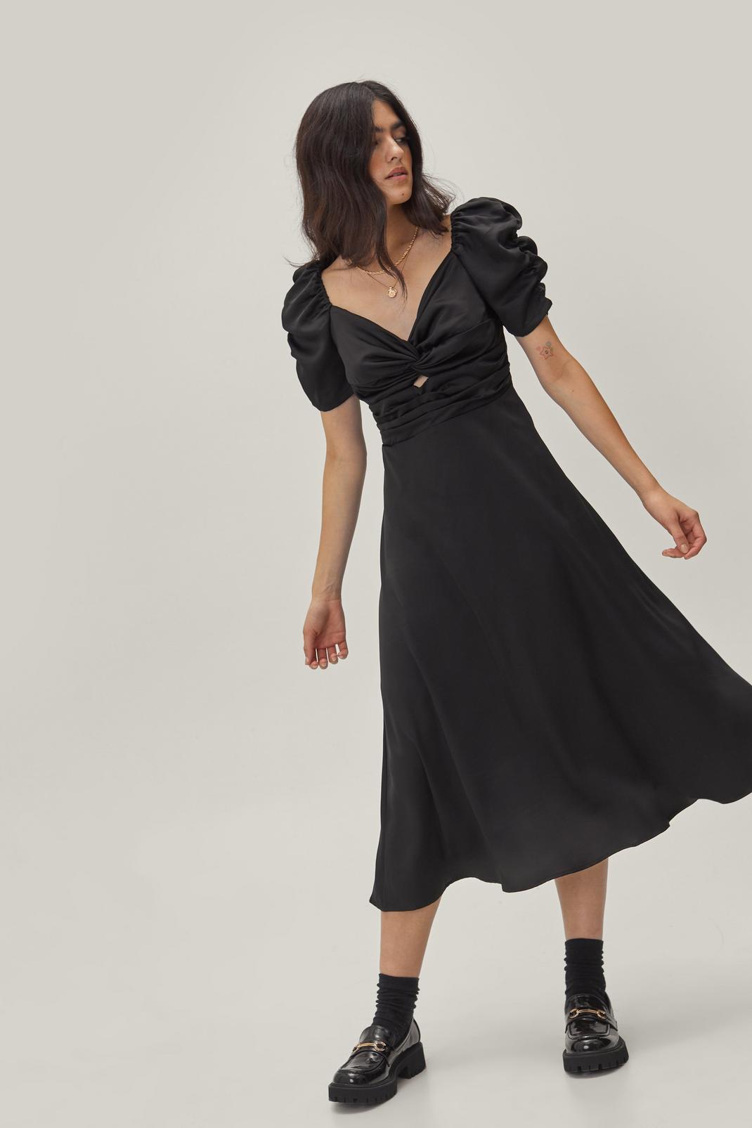 Black Satin Twist Front Puff Sleeve Midi Dress image number 1