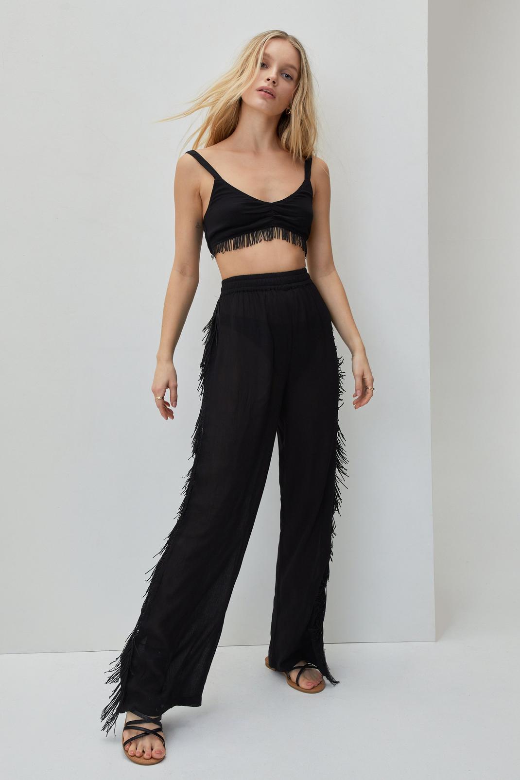 Bigersell Wide Leg Pants for Women Full Length Women Fashion Clothes Tight  High Waist Fringed Bandage Pants Solid Color Knitted Tassel Pants Ladies