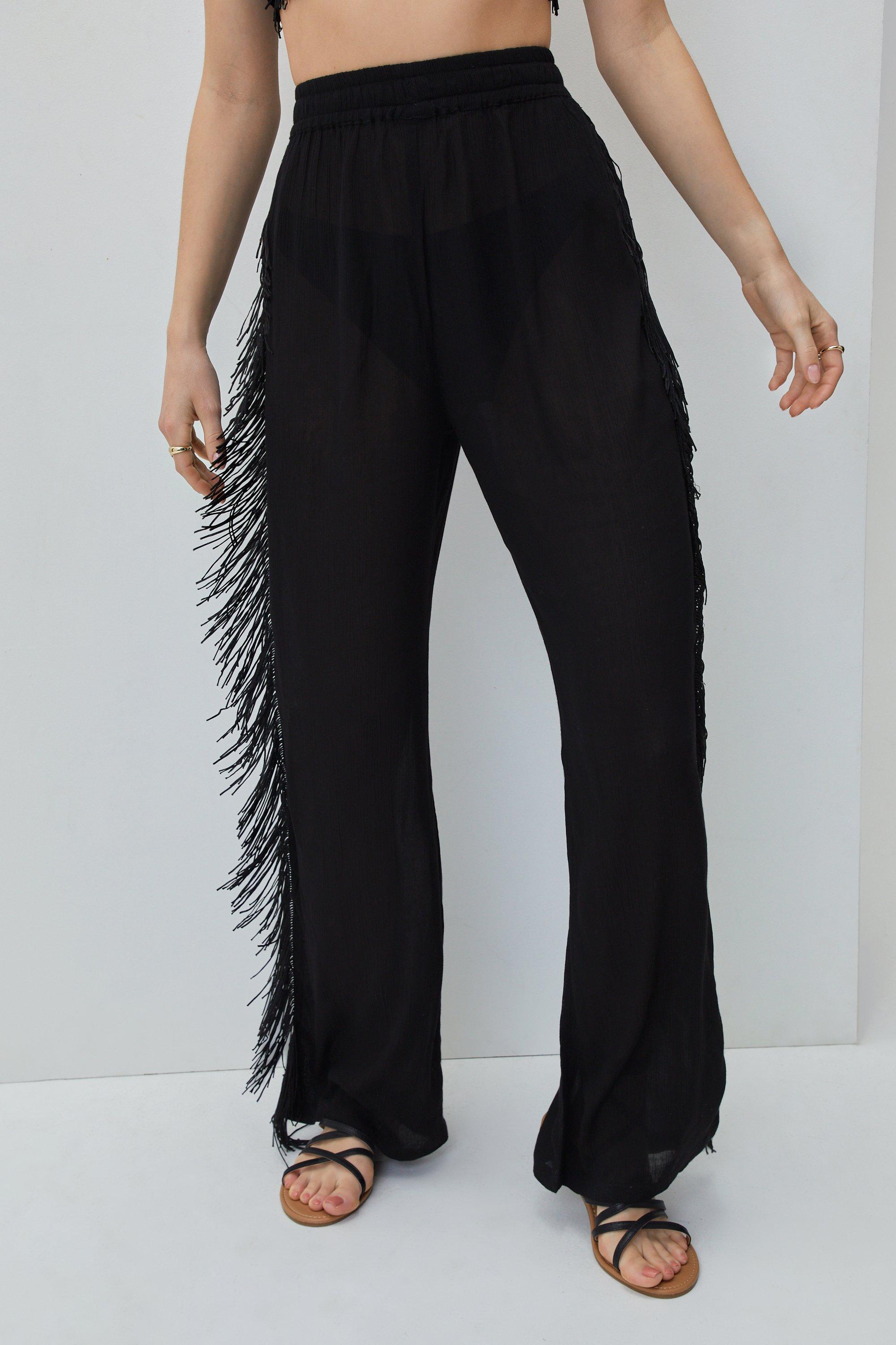 Wide Leg Fringe Trim High Waisted Trousers