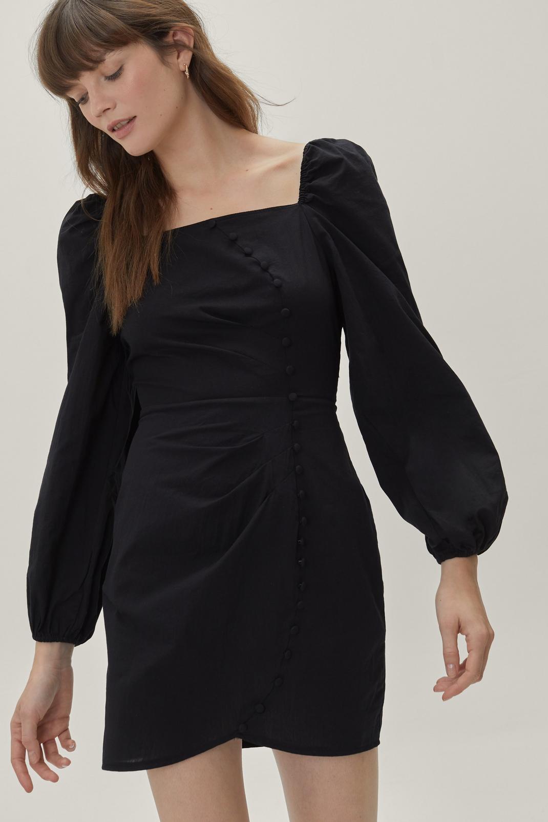 Black Puff Sleeve Button Down Mini Dress image number 1